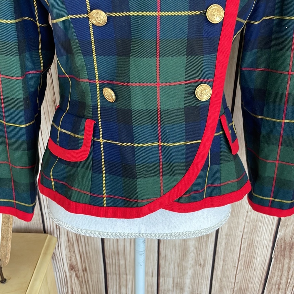 Vintage Maggy Boutique Blue/Green Plaid Jacket w/Red Trim & Gold Buttons - Picture 3 of 9